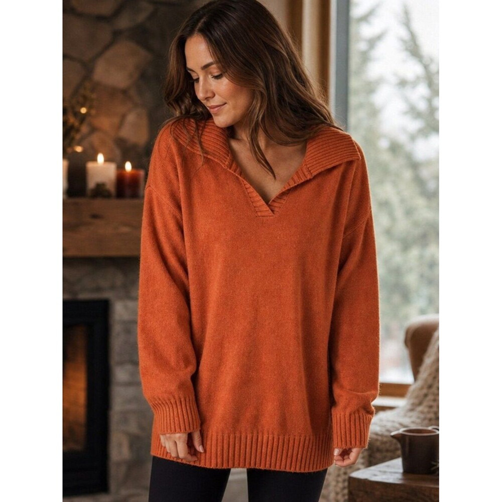 BTFBM Cozy V‑Neck Sweater in Warm Orange – Size Large